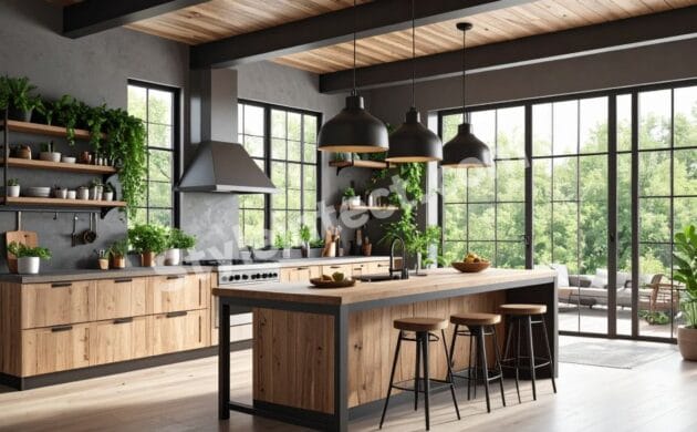 Modern Rustic Kitchen Design with natural wood cabinets, spacious island, black pendant lights, open shelving, and large glass windows by StyleIntect
