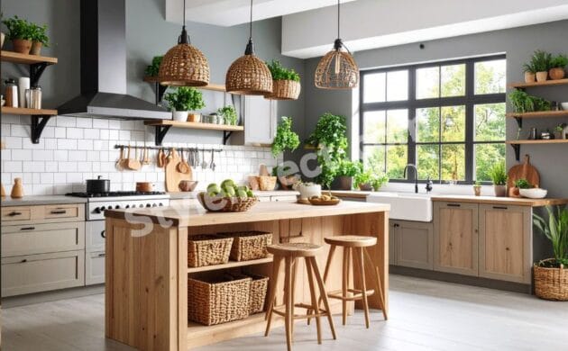 Modern Japandi kitchen design with wooden island, grey modular cabinets, open shelving, woven pendant lights, white subway tile backsplash, indoor plants, and large window