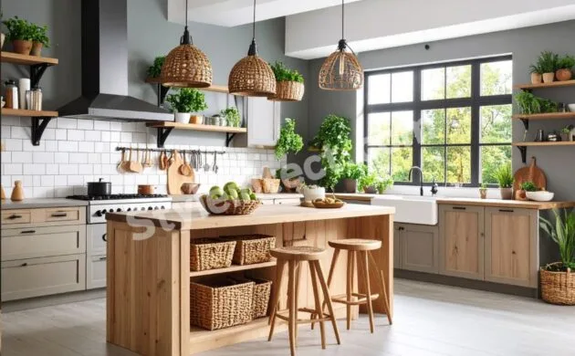 Modern Japandi kitchen design with wooden island, grey modular cabinets, open shelving, woven pendant lights, white subway tile backsplash, indoor plants, and large window