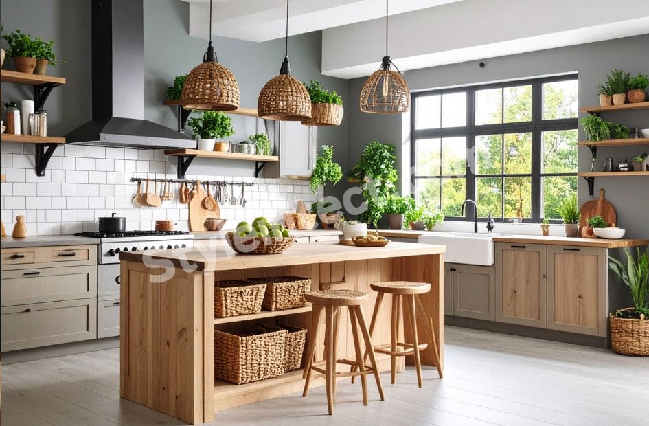 Modern Japandi kitchen design with wooden island, grey modular cabinets, open shelving, woven pendant lights, white subway tile backsplash, indoor plants, and large window