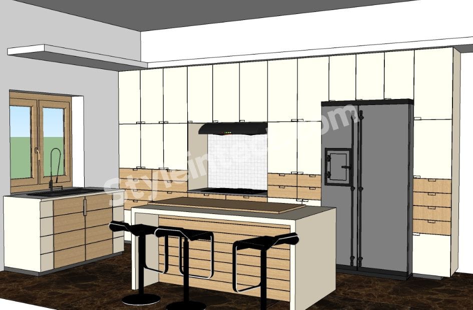 Modern Modular Kitchen Design with straight layout, white and wood cabinets, spacious kitchen island, tall storage cabinets, window sink, and contemporary interior