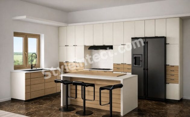 Modern Modular Kitchen Design with straight layout, white and wood cabinets, spacious kitchen island, tall storage cabinets, window sink, and contemporary interior