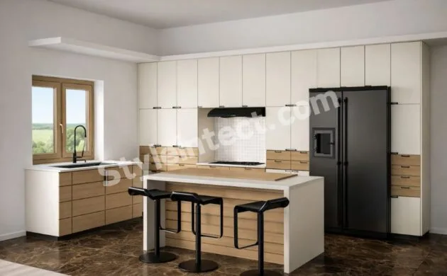 Modern Modular Kitchen Design with straight layout, white and wood cabinets, spacious kitchen island, tall storage cabinets, window sink, and contemporary interior