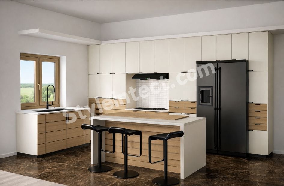 Modern Modular Kitchen Design with straight layout, white and wood cabinets, spacious kitchen island, tall storage cabinets, window sink, and contemporary interior