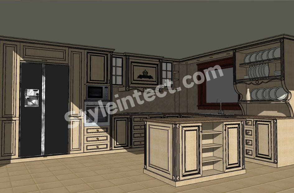 Luxury Classical Modular Kitchen Design with U-Shaped Wooden Kitchen, Solid Wood Cabinets, Granite Countertop, Central Island and Elegant Classical Interior