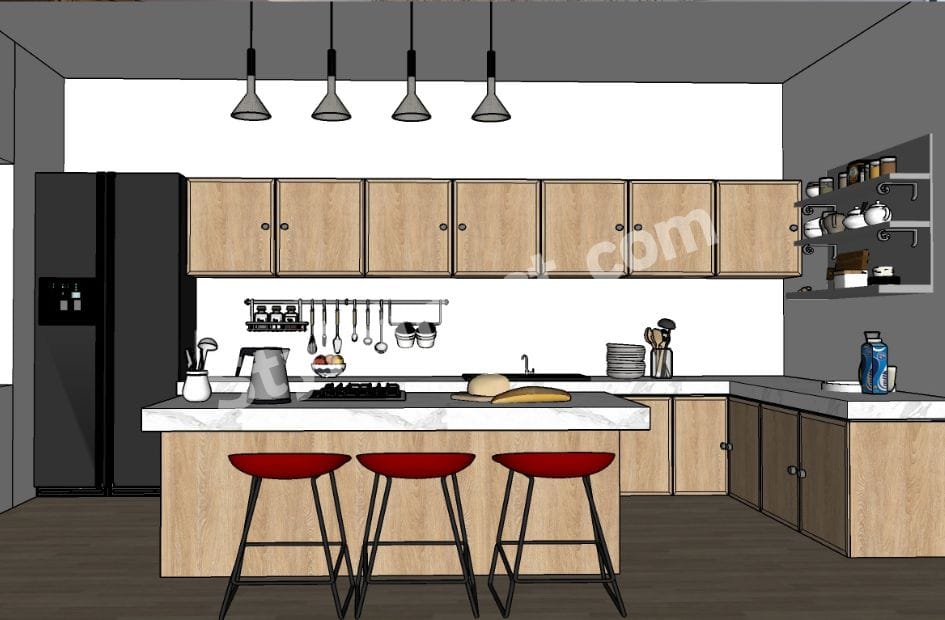 Modern modular kitchen design featuring an L-shaped layout, wooden cabinets, white island countertop, black pendant lights, open shelving, and contemporary kitchen interior by StyleIntect