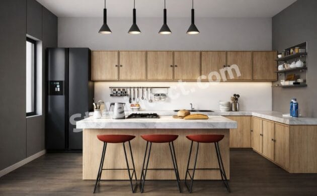 Modern modular kitchen design featuring an L-shaped layout, wooden cabinets, white island countertop, black pendant lights, open shelving, and contemporary kitchen interior by StyleIntect