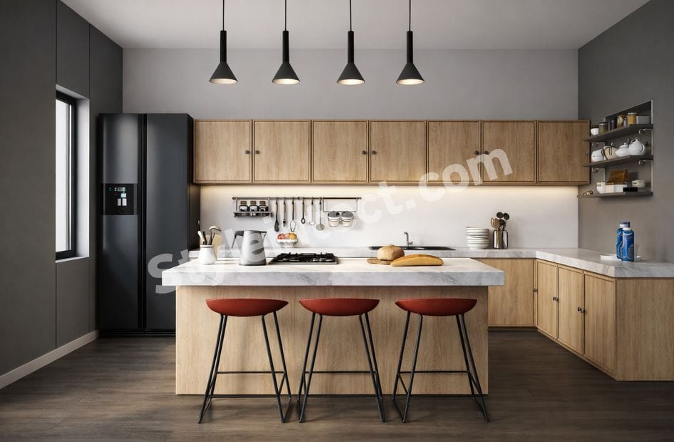 Modern modular kitchen design featuring an L-shaped layout, wooden cabinets, white island countertop, black pendant lights, open shelving, and contemporary kitchen interior by StyleIntect