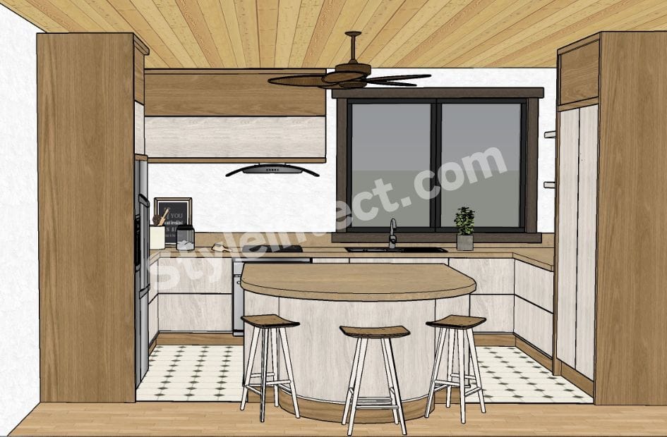 Modern modular kitchen design with U-shaped wooden cabinets, central island, stone countertop, large window, and contemporary residential kitchen interior.
