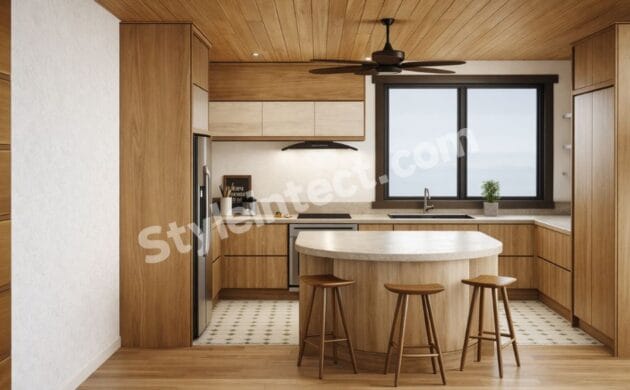 Modern modular kitchen design with U-shaped wooden cabinets, central island, stone countertop, large window, and contemporary residential kitchen interior.