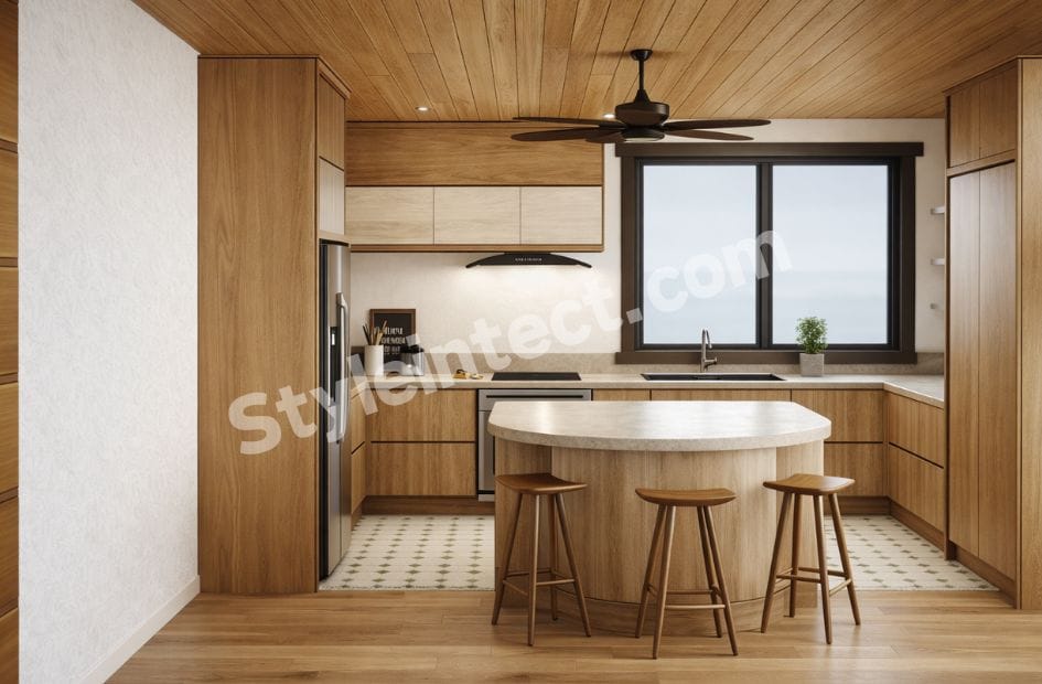 Modern modular kitchen design with U-shaped wooden cabinets, central island, stone countertop, large window, and contemporary residential kitchen interior.
