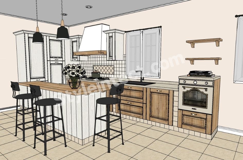 Modern Farmhouse Kitchen Design with white shaker cabinets, natural wood kitchen island, modular storage, open shelving, pendant lights, and neutral interior