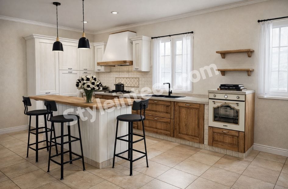 Modern Farmhouse Kitchen Design with white shaker cabinets, natural wood kitchen island, modular storage, open shelving, pendant lights, and neutral interior
