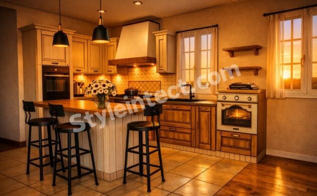 Modern Farmhouse Kitchen Design with white shaker cabinets, natural wood kitchen island, modular storage, open shelving, pendant lights, and neutral interior