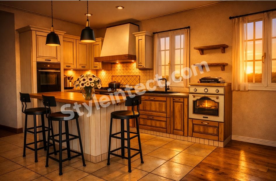 Modern Farmhouse Kitchen Design with white shaker cabinets, natural wood kitchen island, modular storage, open shelving, pendant lights, and neutral interior