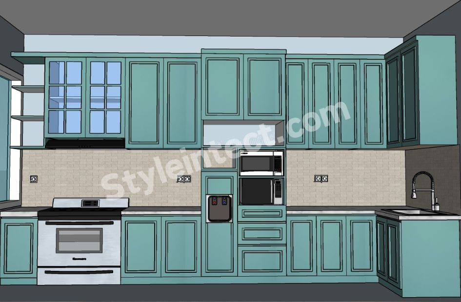 Modern Shaker Modular Kitchen Design with L-Shaped Mint Green Cabinets, Glass Display Cabinets, Built-In Appliances, and Elegant Modular Kitchen Interior by StyleIntect