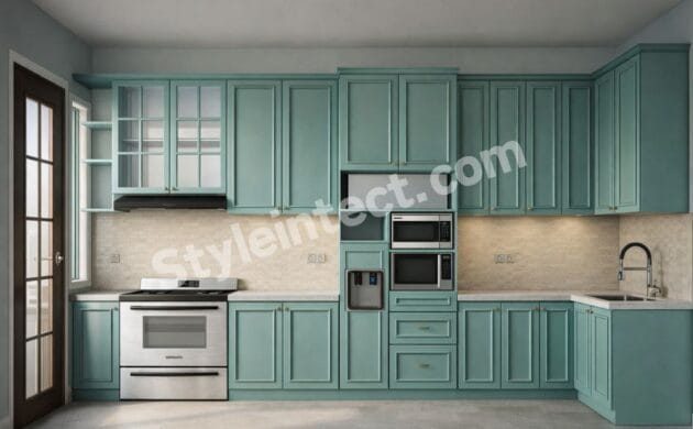 Modern Shaker Modular Kitchen Design with L-Shaped Mint Green Cabinets, Glass Display Cabinets, Built-In Appliances, and Elegant Modular Kitchen Interior by StyleIntect