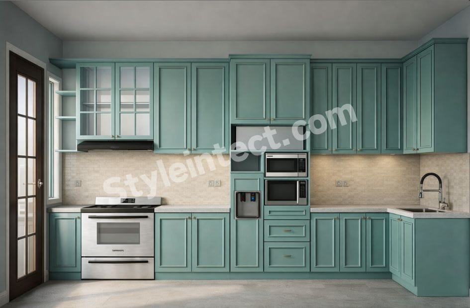 Modern Shaker Modular Kitchen Design with L-Shaped Mint Green Cabinets, Glass Display Cabinets, Built-In Appliances, and Elegant Modular Kitchen Interior by StyleIntect