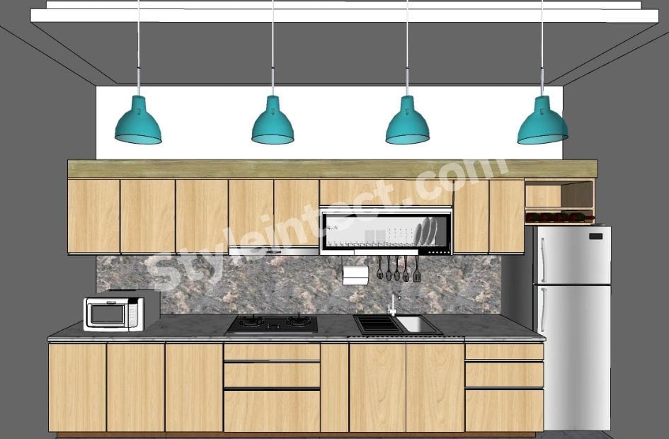 Modern Scandinavian Modular Kitchen Design with straight wooden cabinets, grey stone backsplash, pendant lights, built-in chimney, and modular storage for contemporary homes.