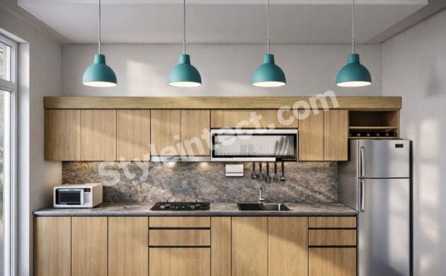 Modern Scandinavian Modular Kitchen Design with straight wooden cabinets, grey stone backsplash, pendant lights, built-in chimney, and modular storage for contemporary homes.