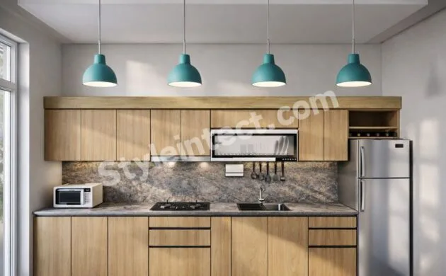 Modern Scandinavian Modular Kitchen Design with straight wooden cabinets, grey stone backsplash, pendant lights, built-in chimney, and modular storage for contemporary homes.