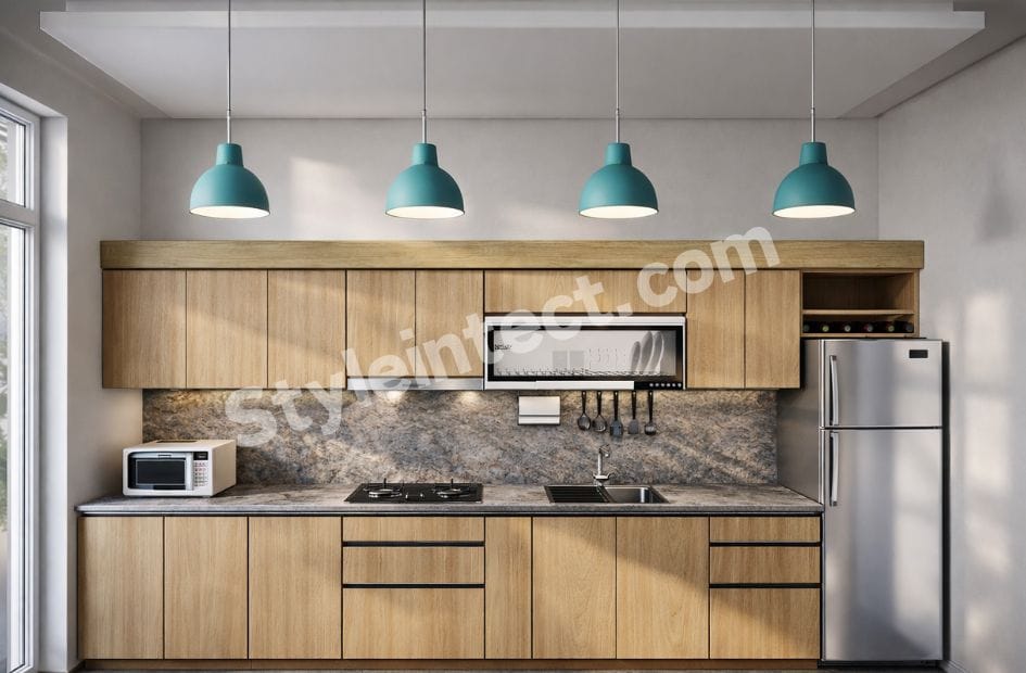 Modern Scandinavian Modular Kitchen Design with straight wooden cabinets, grey stone backsplash, pendant lights, built-in chimney, and modular storage for contemporary homes.