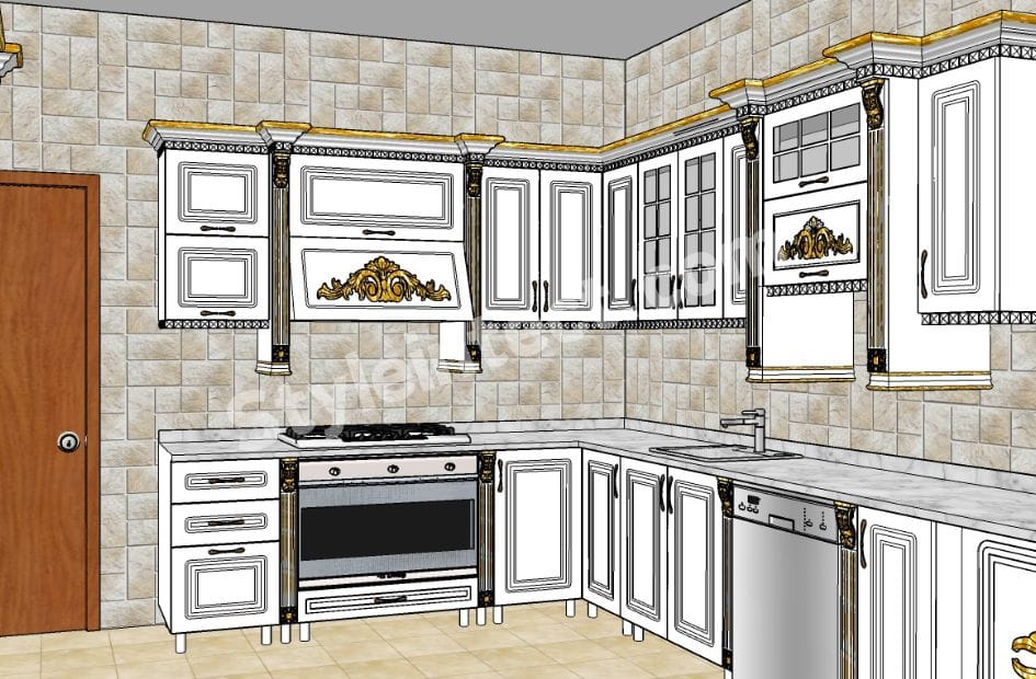 Luxury Classical Modular Kitchen Design with L Shaped White Raised Panel Cabinets, Gold Decorative Mouldings, and Marble Style Countertop