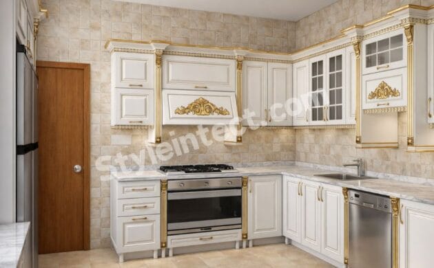 Luxury Classical Modular Kitchen Design with L Shaped White Raised Panel Cabinets, Gold Decorative Mouldings, and Marble Style Countertop