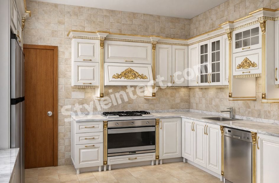 Luxury Classical Modular Kitchen Design with L Shaped White Raised Panel Cabinets, Gold Decorative Mouldings, and Marble Style Countertop