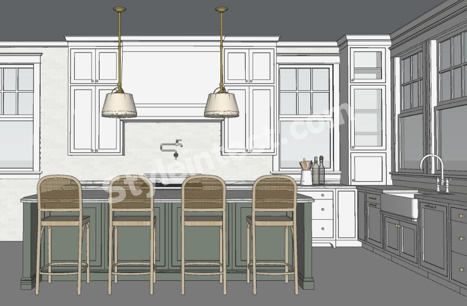 Modern Transitional Kitchen Design with U-shaped white cabinets, sage green kitchen island, pendant lights, premium stone countertops, and elegant modular kitchen interior.