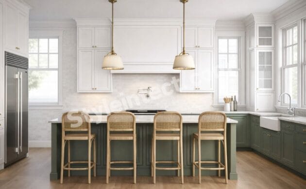 Modern Transitional Kitchen Design with U-shaped white cabinets, sage green kitchen island, pendant lights, premium stone countertops, and elegant modular kitchen interior.