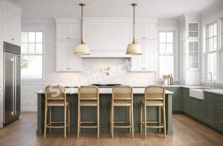 Modern Transitional Kitchen Design with U-shaped white cabinets, sage green kitchen island, pendant lights, premium stone countertops, and elegant modular kitchen interior.