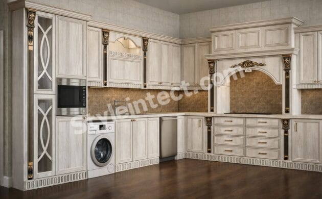 Luxury Classical Modular Kitchen Design – U-Shaped Ivory Kitchen