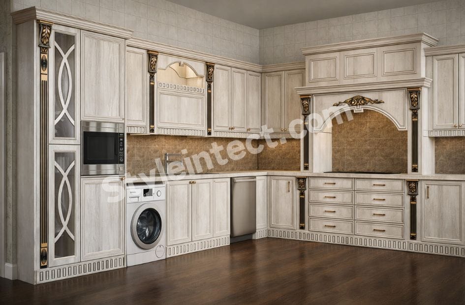 Luxury Classical Modular Kitchen Design – U-Shaped Ivory Kitchen