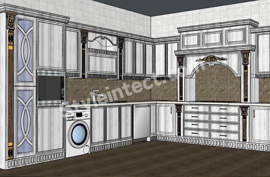 Luxury Classical Modular Kitchen Design – U-Shaped Ivory Kitchen