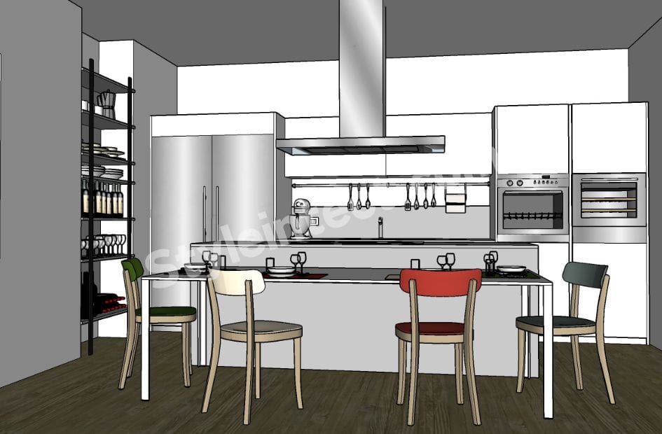 Modern Modular Kitchen Design with White Island Kitchen, Gloss Cabinets, Built-in Appliances, and Open Dining Layout by StyleIntect