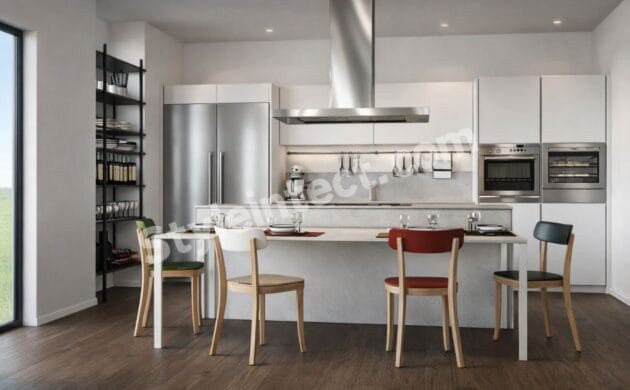 Modern Modular Kitchen Design with White Island Kitchen, Gloss Cabinets, Built-in Appliances, and Open Dining Layout by StyleIntect