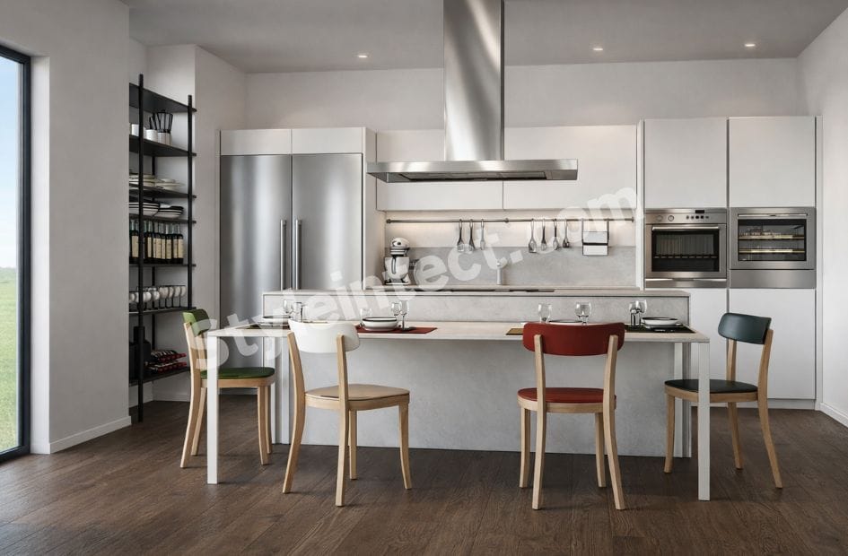Modern Modular Kitchen Design with White Island Kitchen, Gloss Cabinets, Built-in Appliances, and Open Dining Layout by StyleIntect