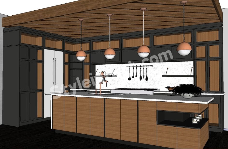 Modern Modular Kitchen Design with island, black and wood cabinets, stone countertop, pendant lighting, and luxury kitchen interior by StyleIntect