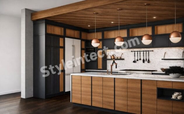 Modern Modular Kitchen Design with island, black and wood cabinets, stone countertop, pendant lighting, and luxury kitchen interior by StyleIntect