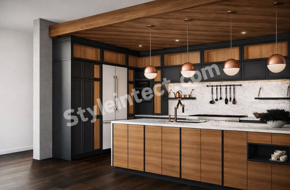Modern Modular Kitchen Design with island, black and wood cabinets, stone countertop, pendant lighting, and luxury kitchen interior by StyleIntect