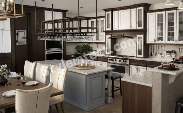 Luxury Classical Modular Kitchen Design with U-shaped layout, white raised-panel cabinets, walnut wood finish, central island, glass cabinets, premium countertops, and elegant dining connection