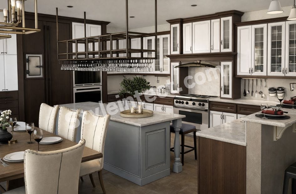 Luxury Classical Modular Kitchen Design with U-shaped layout, white raised-panel cabinets, walnut wood finish, central island, glass cabinets, premium countertops, and elegant dining connection