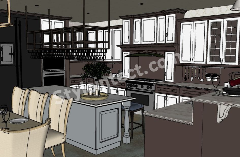 Luxury Classical Modular Kitchen Design with U-shaped layout, white raised-panel cabinets, walnut wood finish, central island, glass cabinets, premium countertops, and elegant dining connection
