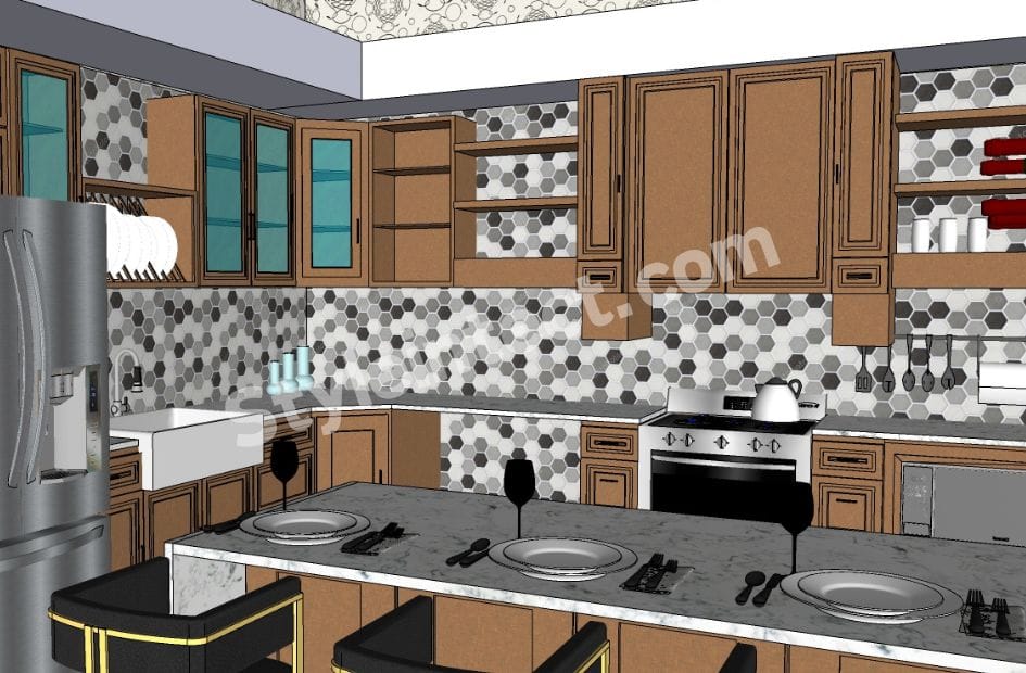 Luxury modular L-shaped wooden kitchen design with marble island, raised panel cabinets, glass display units, geometric backsplash, and premium modular kitchen interior by StyleIntect