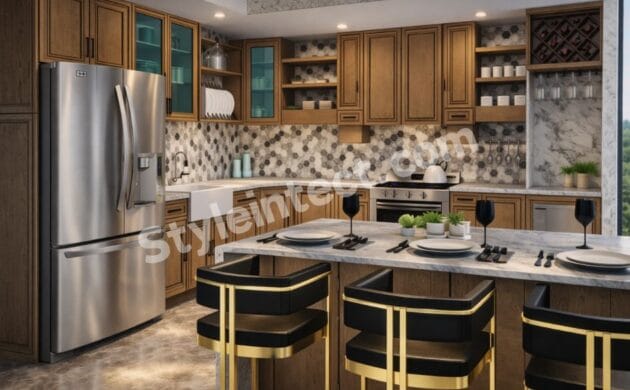 Luxury modular L-shaped wooden kitchen design with marble island, raised panel cabinets, glass display units, geometric backsplash, and premium modular kitchen interior by StyleIntect