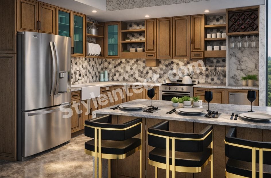 Luxury modular L-shaped wooden kitchen design with marble island, raised panel cabinets, glass display units, geometric backsplash, and premium modular kitchen interior by StyleIntect