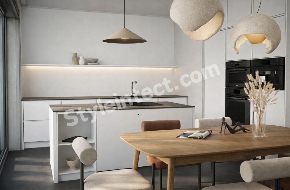 Modern Japandi kitchen design with straight modular kitchen layout, white handleless cabinets, kitchen island, built-in appliances, natural wood dining table, sculptural pendant lights, and a minimalist interior.