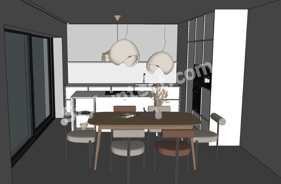 Modern Japandi kitchen design with straight modular kitchen layout, white handleless cabinets, kitchen island, built-in appliances, natural wood dining table, sculptural pendant lights, and a minimalist interior.
