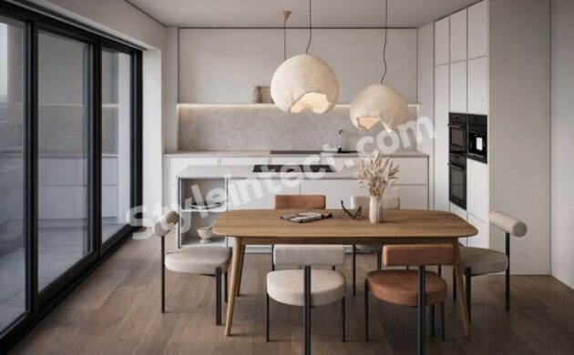 Modern Japandi kitchen design with straight modular kitchen layout, white handleless cabinets, kitchen island, built-in appliances, natural wood dining table, sculptural pendant lights, and a minimalist interior.